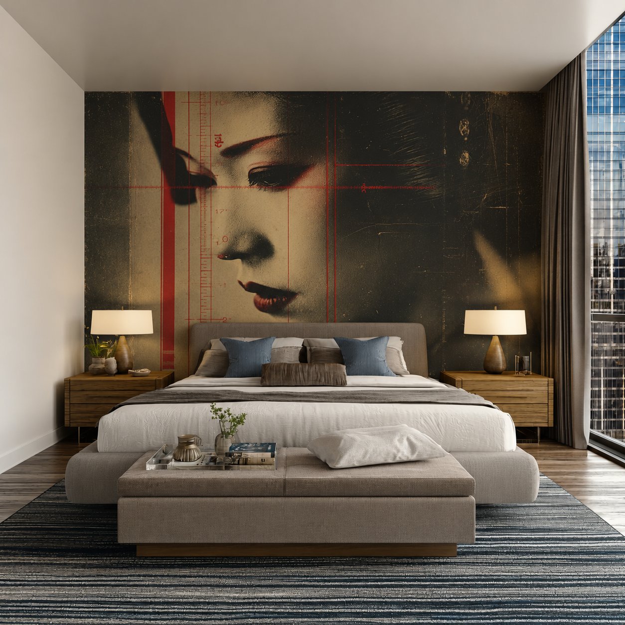 CULT MEMBER piece as a large-format bedroom installation, Tokyo Noir styling